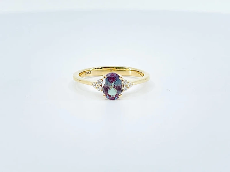 14K Yellow Gold Created Alexandrite and Diamond Ring