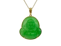 10K Yellow Gold 20mm Dyed Green Jade Buddha Pendant - 18"