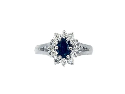 14K White Gold 0.60cttw Genuine Oval Cut Sapphire and 0.40cttw Diamond Ring - / 4.5