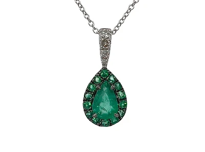 10K White Gold 0.47cttw Pear Cut Emerald and 0.055cttw Diamond Pendant, 18"