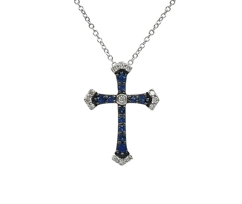 10K White Gold 0.15cttw Sapphire and 0.07cttw Diamond Cross Pendant - 18 inches