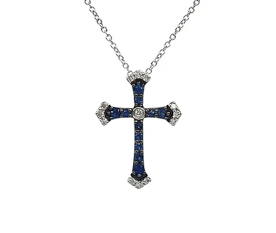 10K White Gold 0.15cttw Sapphire and 0.07cttw Diamond Cross Pendant - 18 inches
