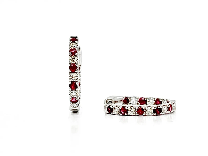 14K White Gold 0.39cttw Genuine Rubies and 0.25cttw Diamond Earrings - 15mm