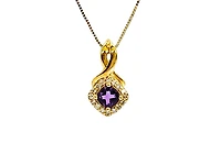 10K Yellow Gold 0.33cttw Genuine Amethyst and 0.08cttw Diamond Halo Pendant, 18"