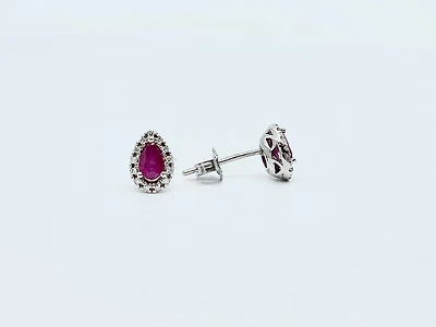 10K White Gold Genuine Ruby and Diamond Earring