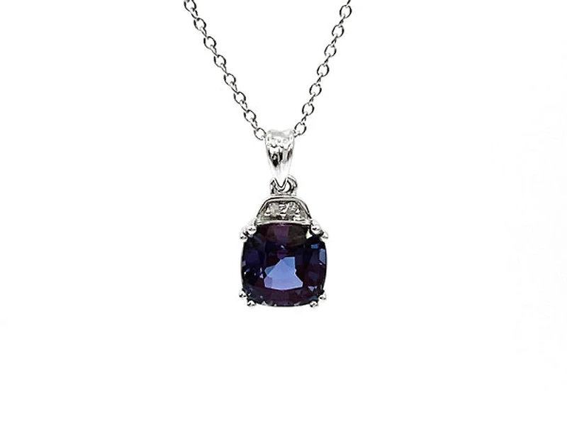 10K White Gold 6mm Cushion Cut Created Alexandrite & 0.01cttw Diamond Pendant, 18"