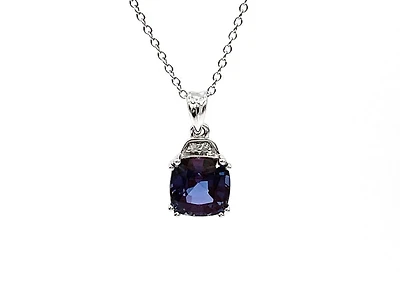10K White Gold 6mm Cushion Cut Created Alexandrite & 0.01cttw Diamond Pendant, 18"