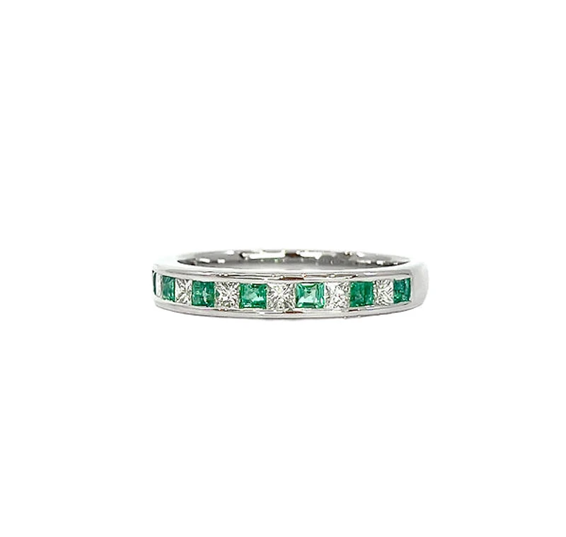 10K White Gold 0.30cttw Princess Cut Emerald and 0.28cttw Diamond Channel Set Ring - 6.5 / 4.5