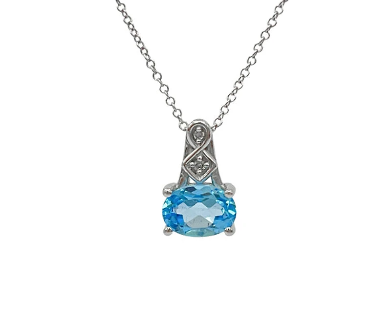10K White Gold Blue Topaz and Diamond Pendant, 18"