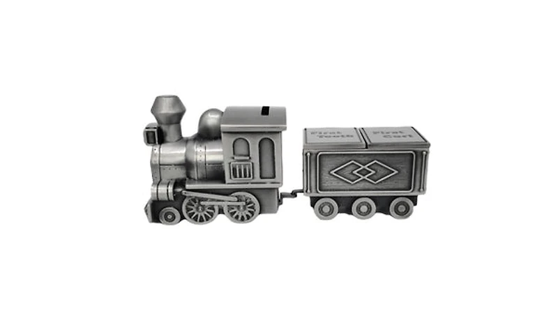 Pewter Engraveable Train Money Bank with First Curl and First Tooth Train Cars