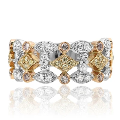 18K Tricolor Fancy Yellow, Pink and White Diamonds Geometric Band