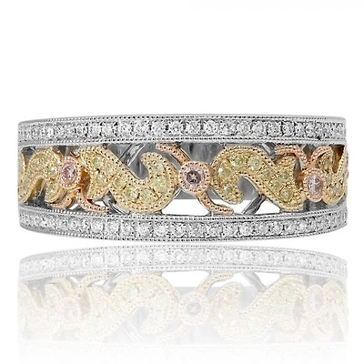 18K Tricolor Fancy Yellow, Pink and White Diamonds Wedding Band