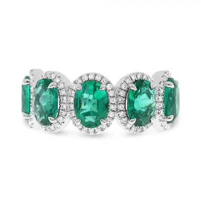 14K White Gold 1.03cttw Oval Cut Emeralds and 0.23cttw Diamond Ring - Size 7