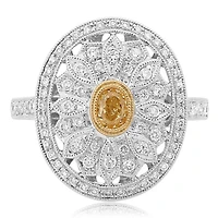 18K 2 Tone Gold Oval Cut Natural Fancy Yellow and White Diamond Antique Cluster Ring