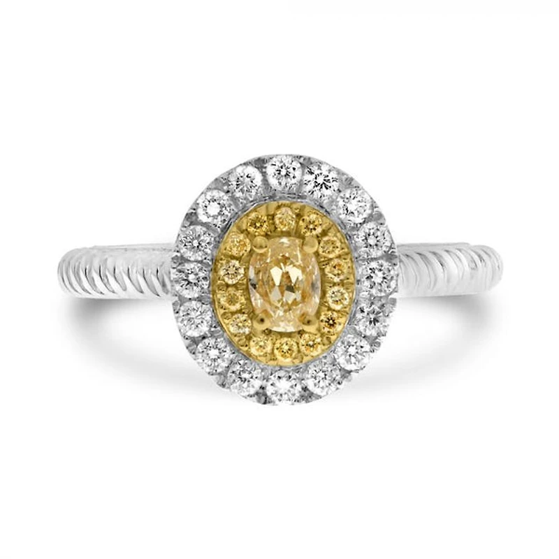 18K 2 Tone Gold Oval Cut Natural Fancy Yellow and White Diamond Braided Shank Cluster Ring