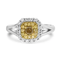 18K 2 Tone Gold Cushion Cut Natural Fancy Yellow and White Diamond Cathedral Set Double Halo Ring