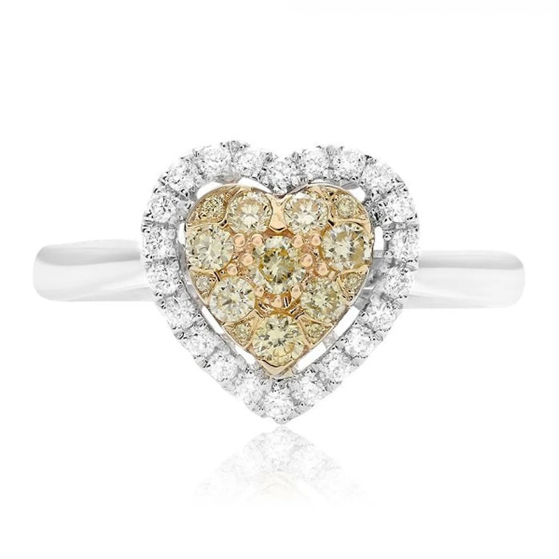 18K 2 Tone Gold Heart-shaped Natural Fancy Yellow and White Diamond Cluster Ring