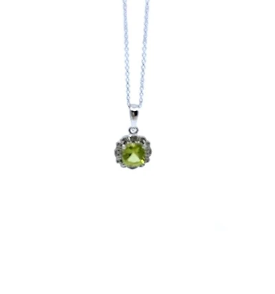 10K White Gold 5mm Cushion Cut Peridot & 0.02cttw Diamond Pendant, 18"