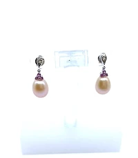 Freshwater Pearl, Pink Sapphire & Diamond Earrings