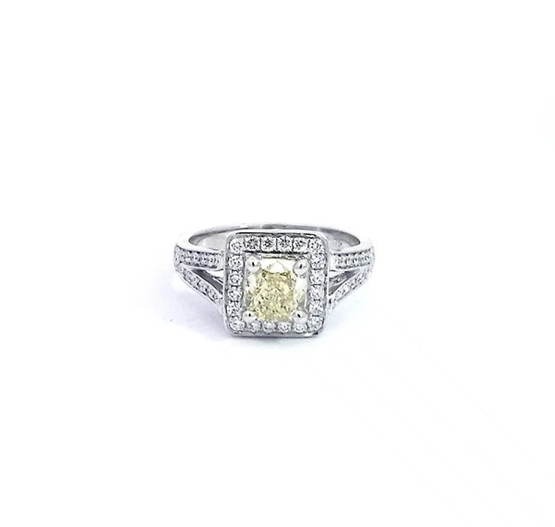 14K White Gold 1.52cttw Fancy Natural Yellow Diamond Halo Engagement Ring, 6.5