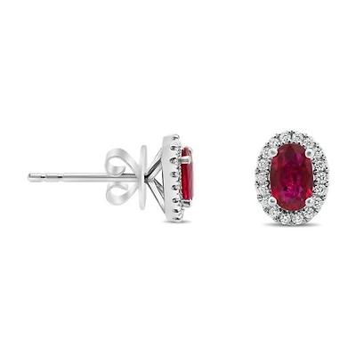 18K White Gold Ruby and Diamond Halo Stud Earrings