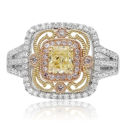 18K 2 Tone Gold Radiant Cut Natural Fancy Yellow, Pink and White Diamond Antique Cluster Halo Ring
