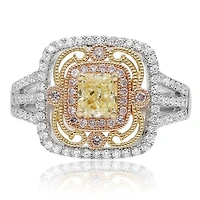 18K 2 Tone Gold Radiant Cut Natural Fancy Yellow, Pink and White Diamond Antique Cluster Halo Ring