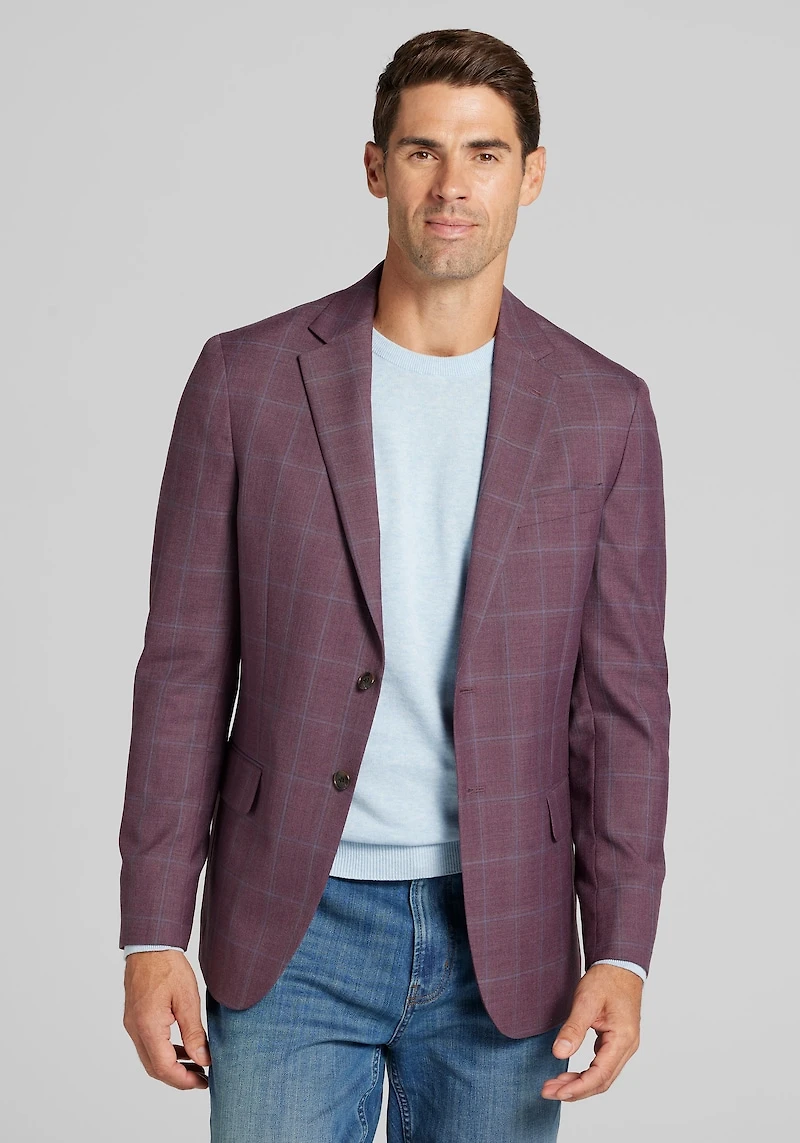 Men's Jos. A. Bank Tailored Fit Comfort Stretch Windowpane Plaid Sportcoat at Jos. A. Bank, Berry/Burgundy