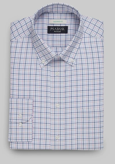 Men's Traveler Collection Tailored Fit Button-Down Collar Plaid Dress Shirt at Jos. A. Bank, Pink