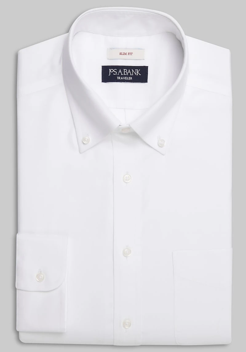 Men's Big & Tall Traveler Collection Slim Fit Button-Down Collar Solid Dress Shirt at Jos. A. Bank, Cream/White