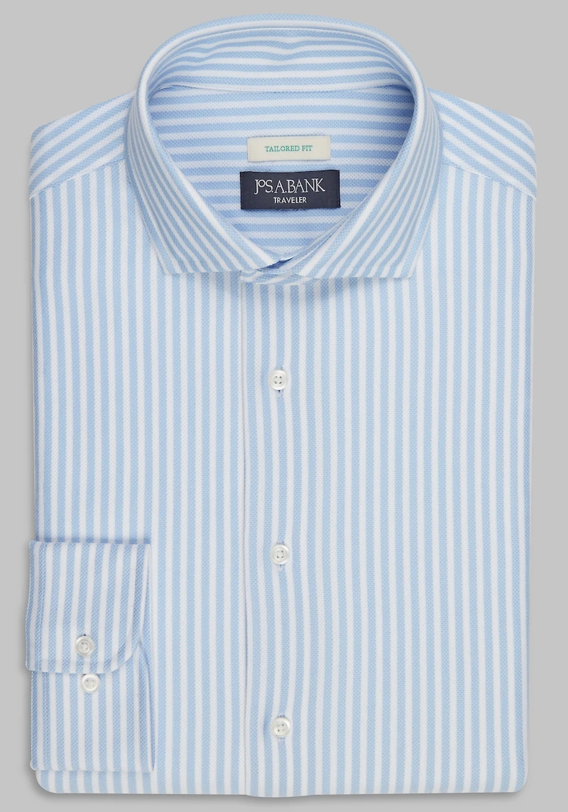 Men's Traveler Collection Coolmax Tailored Fit Spread Collar Stripe Knit Dress Shirt at Jos. A. Bank, Blue/White