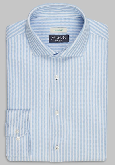 Men's Traveler Collection Coolmax Tailored Fit Spread Collar Stripe Knit Dress Shirt at Jos. A. Bank, Blue/White