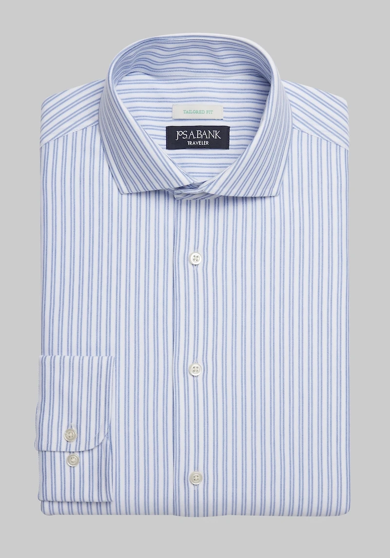 Men's Traveler COOLMOTION Tailored Fit Spread Collar Stripe Knit Dress Shirt at Jos. A. Bank, Blue/White