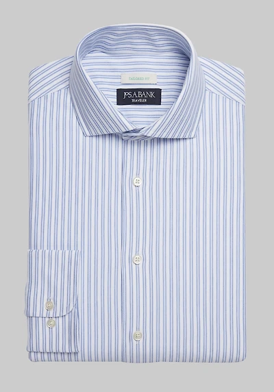 Men's Traveler COOLMOTION Tailored Fit Spread Collar Stripe Knit Dress Shirt at Jos. A. Bank, Blue/White