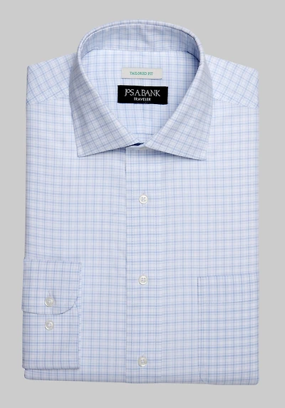 Men's Traveler Collection Tailored Fit Spread Collar Check Dress Shirt at Jos. A. Bank, Blue