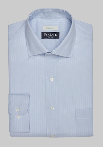 Men's Traveler Collection Tailored Fit Spread Collar Stripe Dress Shirt at Jos. A. Bank, Blue