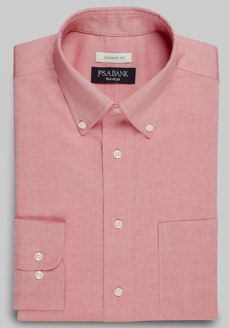 Men's Traveler Collection Tailored Fit Button-Down Collar Solid Dress Shirt at Jos. A. Bank, Red