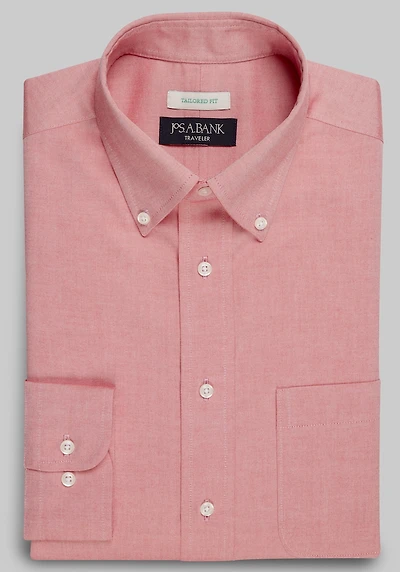 Men's Traveler Collection Tailored Fit Button-Down Collar Solid Dress Shirt at Jos. A. Bank, Red