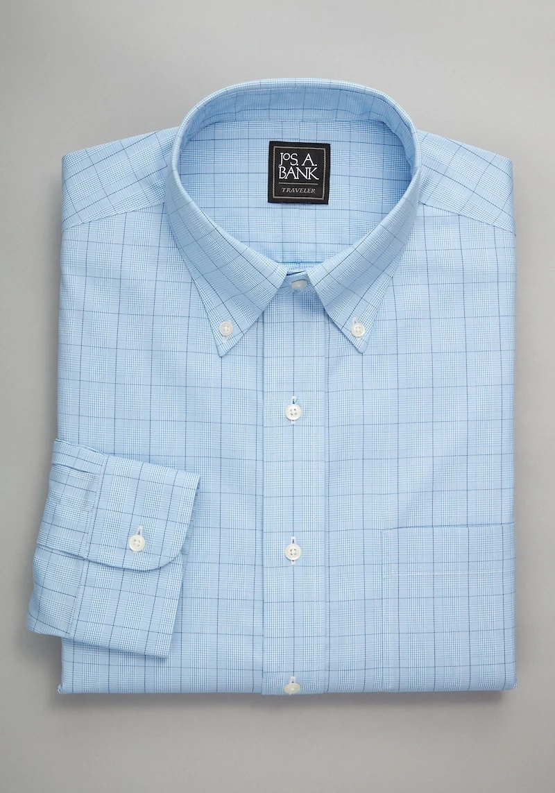 Men's Traveler Collection Tailored Fit Button-Down Collar Windowpane Dress Shirt at Jos. A. Bank, Blue