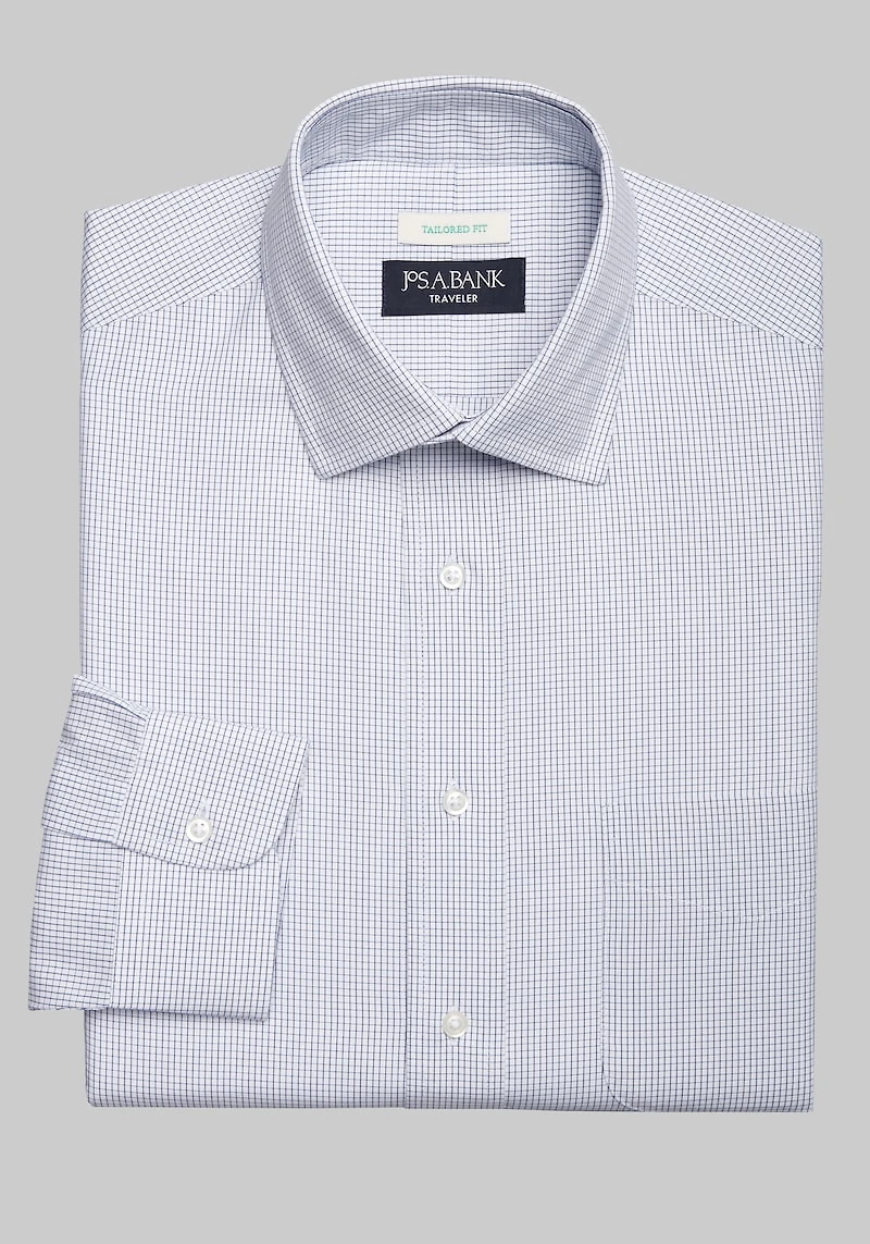 Men's Traveler Collection Tailored Fit Spread Collar Mini Check Dress Shirt at Jos. A. Bank, Blue