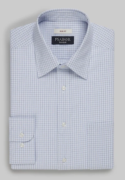 Men's Traveler Collection Slim Fit Point Collar Check Dress Shirt at Jos. A. Bank, Light Blue