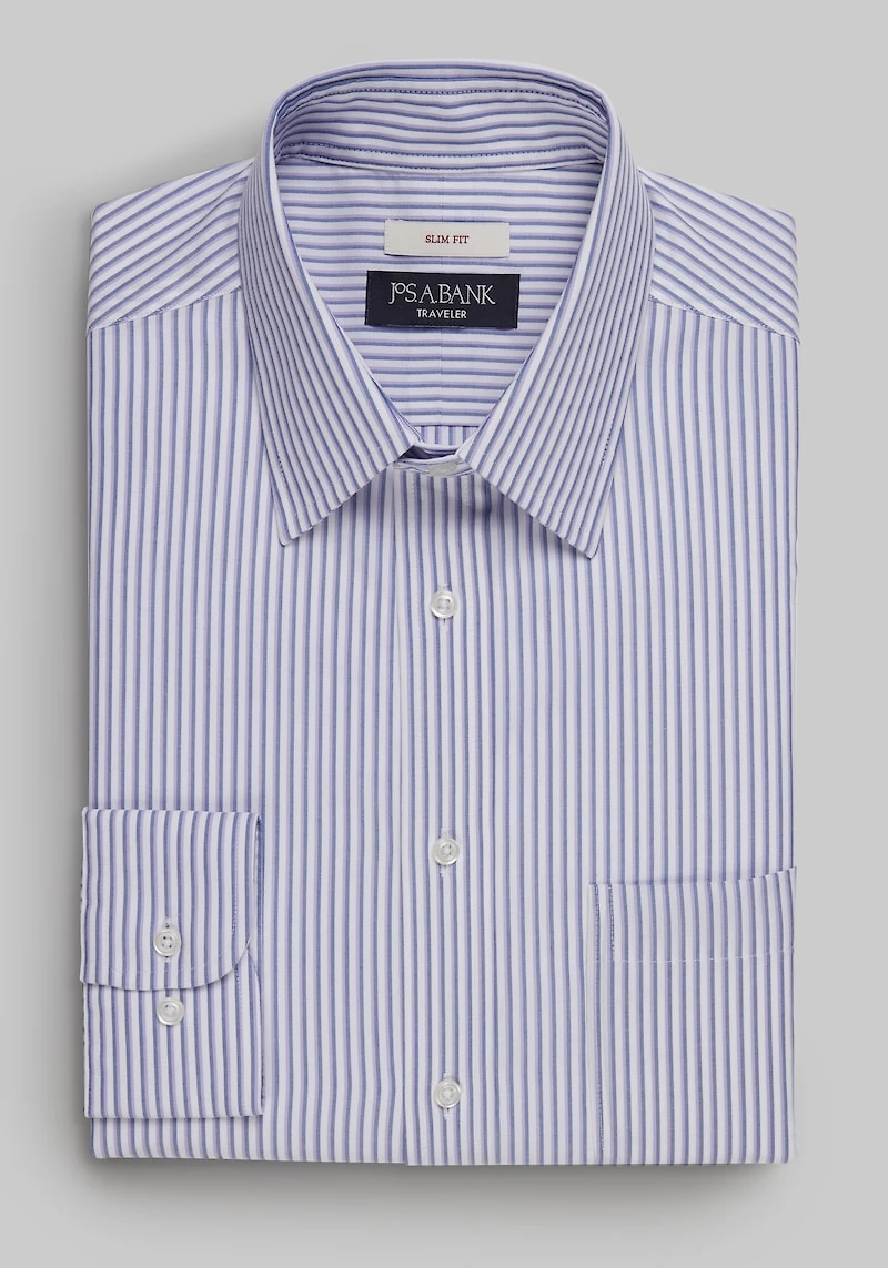 Men's Traveler Collection Slim Fit Point Collar Stripe Dress Shirt at Jos. A. Bank, Purple