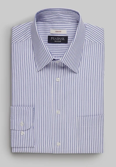 Men's Traveler Collection Slim Fit Point Collar Stripe Dress Shirt at Jos. A. Bank, Purple
