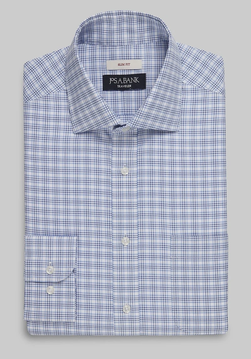 Men's Traveler Collection Slim Fit Spread Collar Plaid Dress Shirt at Jos. A. Bank, Blue/Navy