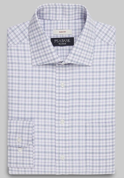 Men's Traveler Collection Slim Fit Spread Collar Plaid Dress Shirt at Jos. A. Bank, Purple