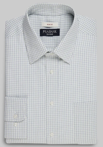 Men's Traveler Collection Slim Fit Point Collar Check Dress Shirt at Jos. A. Bank, Green