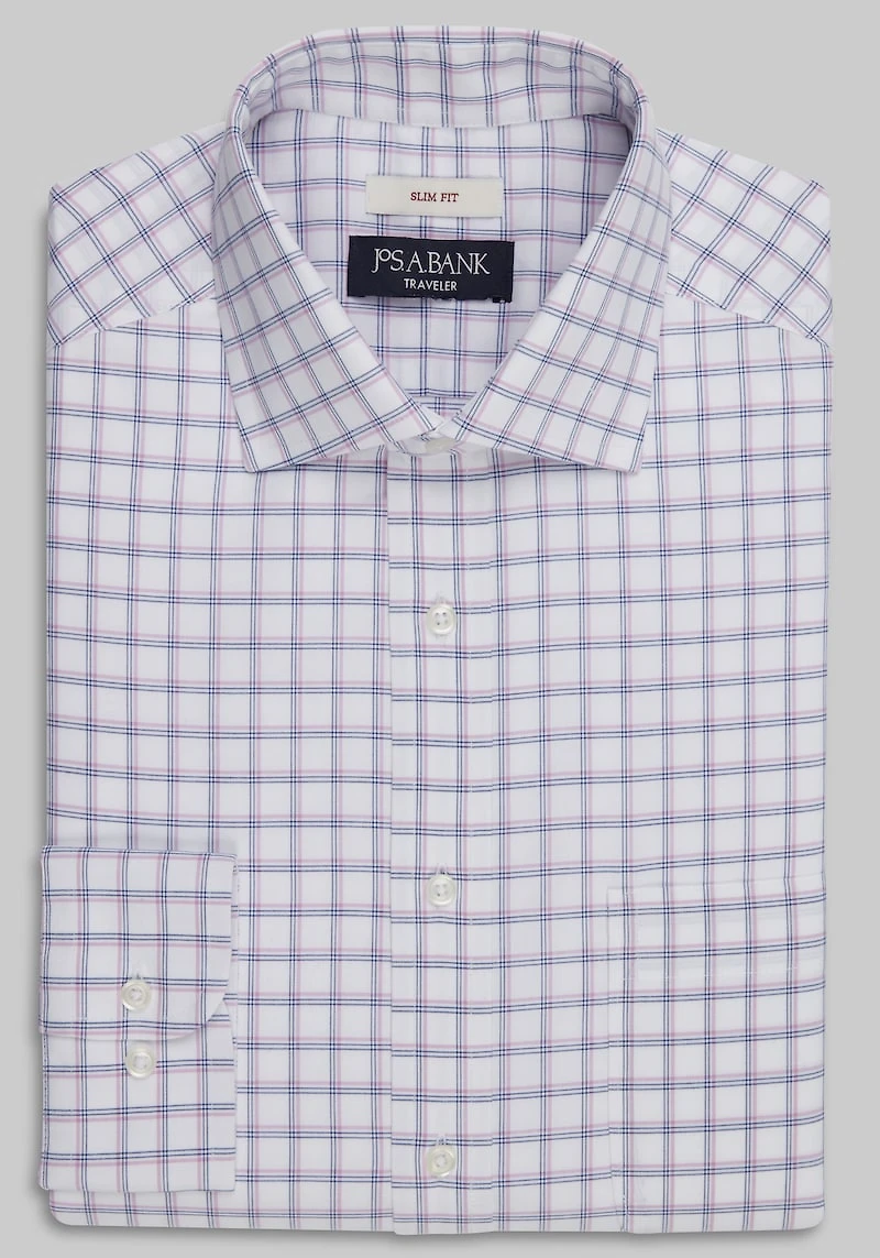Men's Traveler Collection Slim Fit Plaid Dress Shirt at Jos. A. Bank, Pink