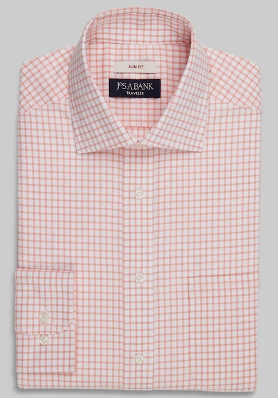 Men's Traveler Collection Slim Fit Spread Collar Small Plaid Dress Shirt at Jos. A. Bank, Orange