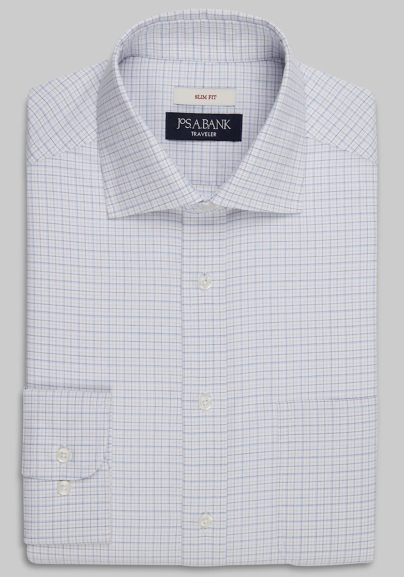 Men's Traveler Collection Slim Fit Spread Collar Plaid Dress Shirt at Jos. A. Bank, Grey