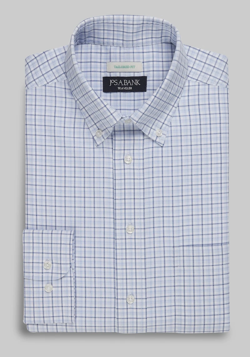 Men's Traveler® Collection Tailored Fit Button-Down Collar Plaid Dress Shirt at Jos. A. Bank, Blue/Navy